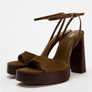 ZARA 70s Style Brown Suede Platform Heels Chunky Block Heel Size 40